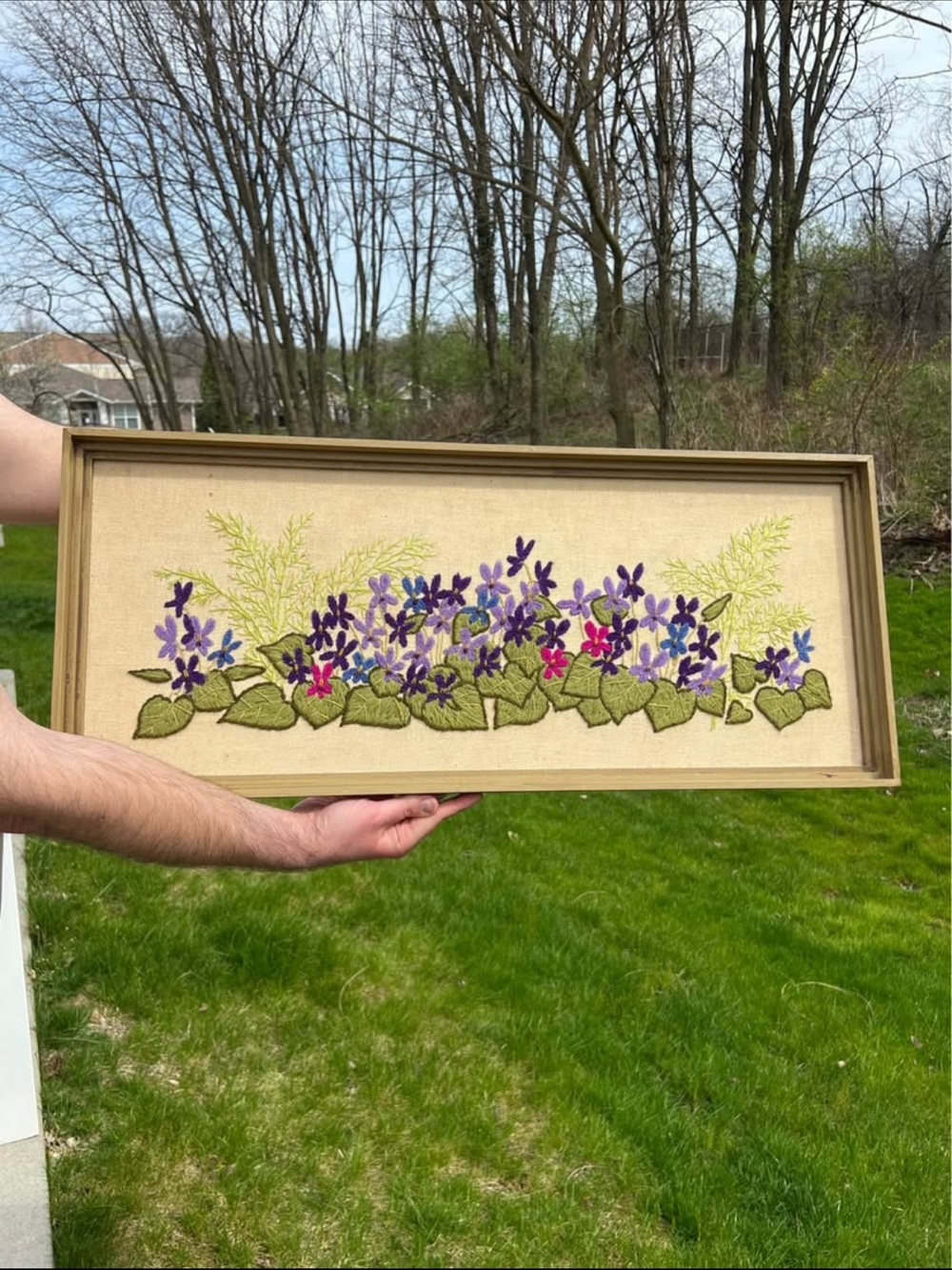 Vintage MCM Crewel Embroidery Violets & Ferns Spring Floral Wood Frame Wall Art